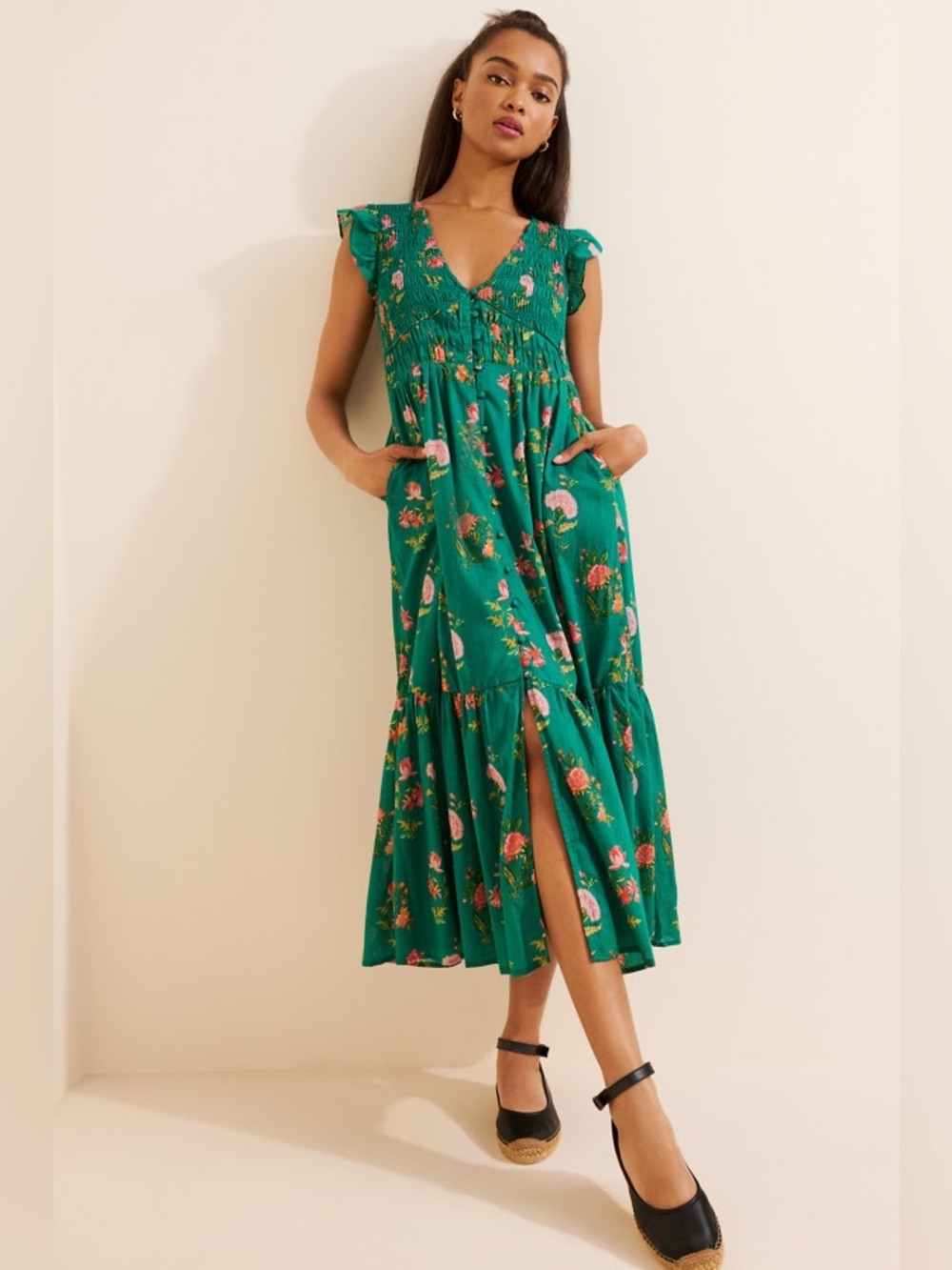 Anthropologie Peregrine Midi Dress Floral Green Smocked Bodice XS